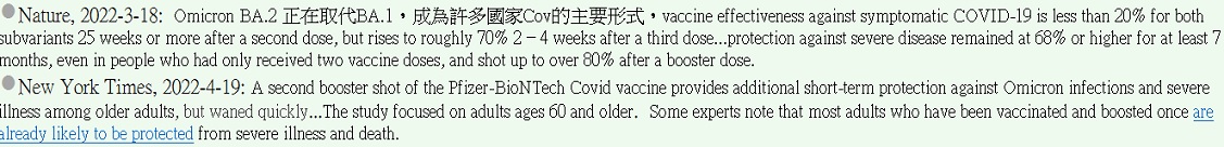 nNature, 2022-3-18:&nbsp; Omicron BA.2 ���b���NBA.1�A�����\�h��aCov���D�n�Φ��Avaccine effectiveness against symptomatic COVID-19 is less than 20% for both subvariants 25 weeks or more after a second dose, but rises to roughly 70% 2�V4 weeks after a third dose...protection against severe disease remained at 68% or higher for at least 7 months, even in people who had only received two vaccine doses, and shot up to over 80% after a booster dose. 